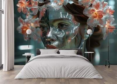 Futuristic glass and metal womans face adorned with a vibrant flowery design, blending artistry and modern aesthetics Wall mural