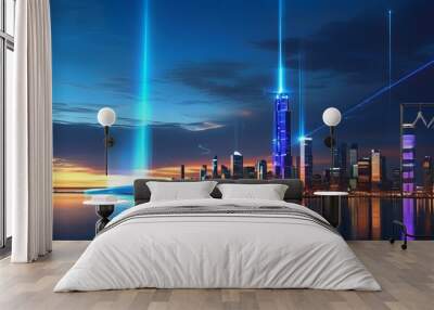 Futuristic holographic cityscape under indigo beams with a glowing horizon Wall mural