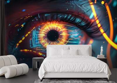 Futuristic human eye illuminated by vibrant digital patterns and lights, representing the essence of technology and innovation. Wall mural