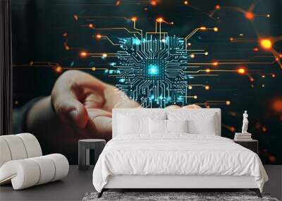 Futuristic human hand intertwined with intricate digital circuits and advanced technology in an AI-generated setting Wall mural