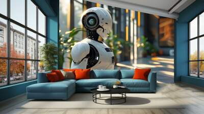 Futuristic humanoid robot illuminated by sunlight in a sleek modern interior showcasing advanced AI technology and robotic innovation Wall mural