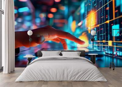 Futuristic interaction with touchscreen technology amidst vibrant digital graphics and dynamic light effects Wall mural