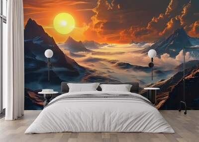 Futuristic landscape blending nature and technology with a glowing sun, grid terrain, and misty mountains at sunset Wall mural