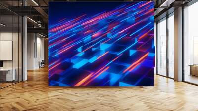 Futuristic neon-lit cubes forming an intricate pattern in vibrant blue and purple hues Wall mural