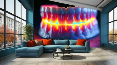 Futuristic Neon Wireframe Tooth Design Set in a Dynamic Digital Landscape Wall mural