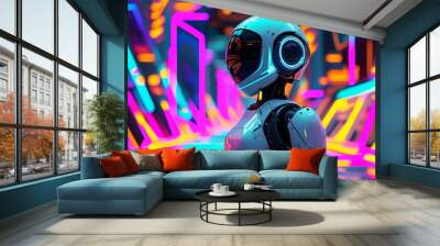 Futuristic robot exploring a dynamic cloud computing landscape adorned with vibrant neon lights and intricate geometric patterns Wall mural