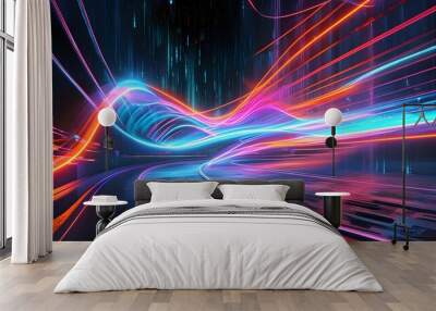 Futuristic Sci-Fi Background of Neon Waves Representing Data and the Abstract Speed of Light Wall mural