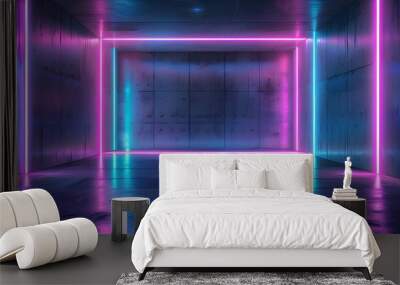 Futuristic sci-fi stage with reflective concrete and glowing neon tubes in vibrant purple and blue, creating an ethereal empty space ambiance Wall mural