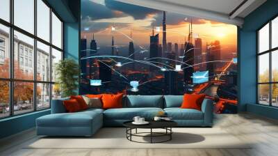 Futuristic urban landscape featuring advanced communication networks and IoT integrations enhanced by AI technology Wall mural