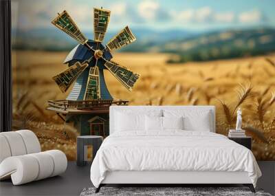 Futuristic windmill of credit card blades spinning in a golden wheat field, embodying financial energy in a vibrant complementary color palette Wall mural