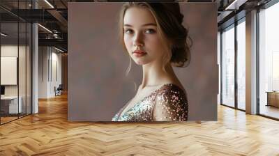 Glamorous portrait of a young woman in a shimmering sequined dress showcasing festive elegance and captivating beauty Wall mural