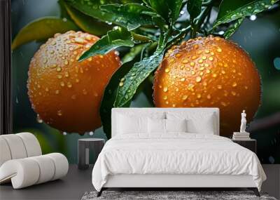 Glistening ripe oranges on a branch, showcasing freshness, natures bounty, and the vibrant essence of growth and vitality Wall mural