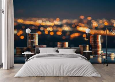 Glittering Coins Against a Background of Blurred City Lights Wall mural