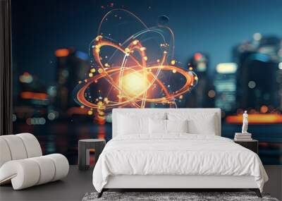 Glowing Atom Symbol Illuminating Modern Cityscape of Innovation and Scientific Progress Amidst Blurred Urban Lights Wall mural