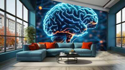 Glowing blue illustration of a human brain and neural network representing artificial intelligence and future technological advancements Wall mural