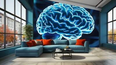 Glowing blue illustration of a human brain and neural network representing artificial intelligence and future technological advancements Wall mural