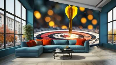 Golden arrow striking dartboard, embodying success and achievement in an isolated setting Wall mural