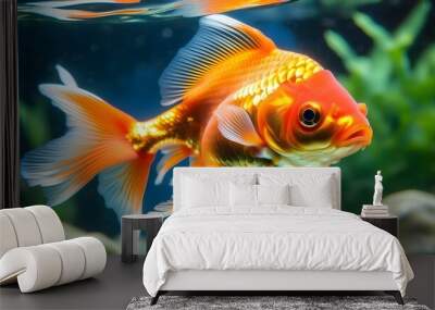 Goldfish gracefully navigating a plastic bag submerged in vibrant blue water Wall mural