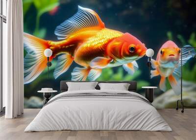 Goldfish gracefully navigating a plastic bag submerged in vibrant blue water Wall mural