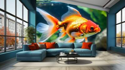 Goldfish gracefully navigating a plastic bag submerged in vibrant blue water Wall mural