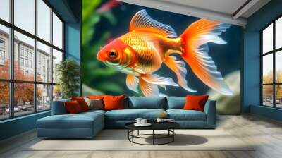 Goldfish gracefully navigating a plastic bag submerged in vibrant blue water Wall mural