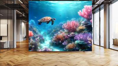 Graceful Sea Turtle Gliding Among Vibrant Coral Reef Wall mural