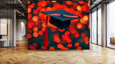 Graduation Celebration with Cap, Diploma, and Red Ribbon Amidst Sparkling Red Bokeh Lights Wall mural