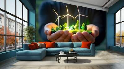 Hands cradling a miniature sustainable landscape showcasing wind turbines and trees, symbolizing eco-friendly innovation in bright, inspiring light Wall mural