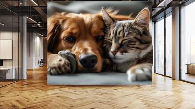 Heartwarming bond between a dog and a cat, sharing a tender moment of affection and friendship Wall mural