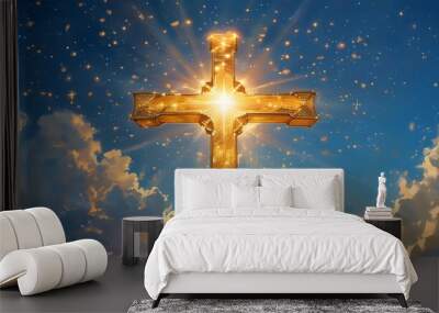 Heavenly golden cross radiating hope and spiritual enlightenment against a luminous sky Wall mural