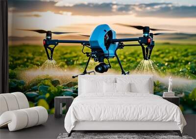 High-tech agricultural drone efficiently applying fertilizer over verdant farmland in a picturesque rural landscape Wall mural