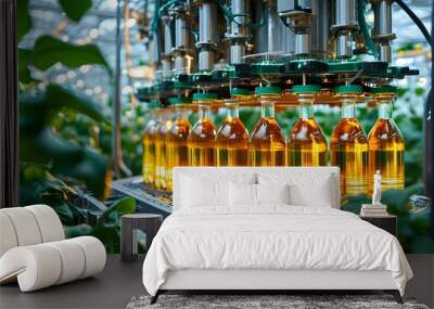 High-tech greenhouse factory with automated machinery bottling golden liquid amidst vibrant green plants and bright artificial lighting Wall mural