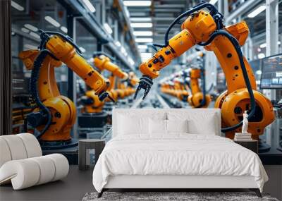 High-tech robotic arms efficiency in modern industrial assembly line operations Wall mural