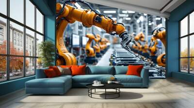 High-tech robotic arms efficiency in modern industrial assembly line operations Wall mural