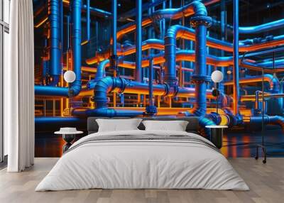 Holographic industrial plant design featuring intricate neon blue and orange piping and machinery illuminated against a dark backdrop Wall mural