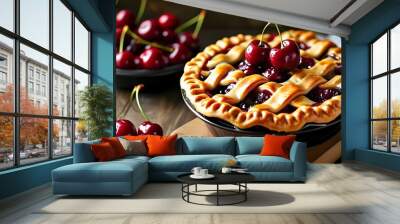 Homemade cherry pie with a golden lattice crust, filled with sweet juicy cherries, embodying the essence of indulgent comfort food Wall mural