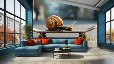 Humorous blend of nature and innovation featuring a snail on a skateboard showcasing rapid movement and efficient delivery Wall mural