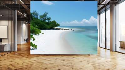 Idyllic beach paradise with pristine white sand, turquoise waters, and vibrant tropical greenery for ultimate relaxation Wall mural