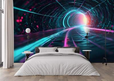 Illuminated abstract digital network featuring radiant lines leading towards a bright light in a tunnel Wall mural