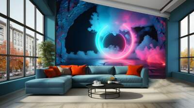 Illuminated abstract neon tunnel featuring radiant spheres and ethereal smoke Wall mural