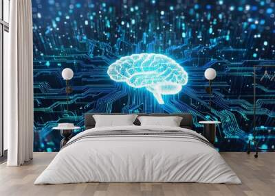 Illuminated brain encircled by dynamic digital connections representing the fusion of intelligence and technology, evoking innovation and creativity Wall mural