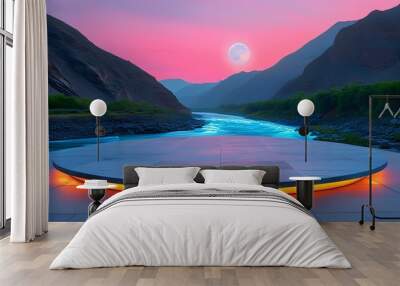 Illuminated circular stone podium encircled by vibrant neon lights under a glowing pink moon, set against mountainous terrain and a river shimmering with blue hues. Wall mural