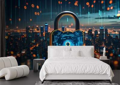 Illuminated Digital Padlock Symbolizing Cyber Security and Data Protection Above High-Tech Cityscape at Night Wall mural