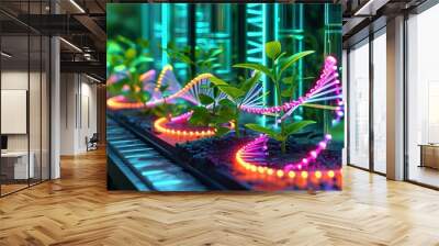 Illuminated DNA strands entwined with vibrant green plant motifs symbolizing the future of green biotechnology and synthetic biology. Wall mural