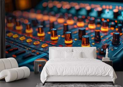 Illuminated mixing console showcasing technology and ambiance of a modern recording studio Wall mural