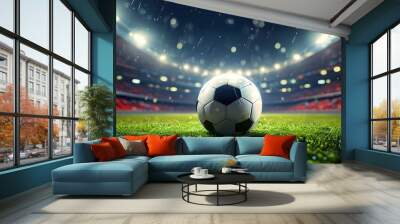 Illuminated soccer ball at the center of a stadiums football field under bright floodlights Wall mural