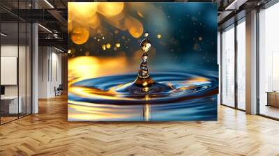 Illuminated Water Droplet Creating Ripples and Splashes with Golden Bokeh Background Wall mural