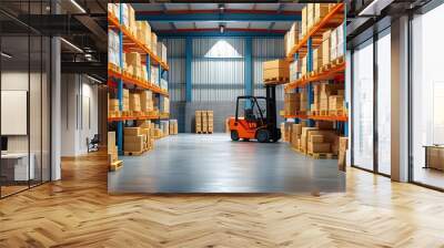 Indoor warehouse storage with pallet boxes and forklifts in a three-dimensional rendering, showcasing the logistics and distribution industry dynamics Wall mural