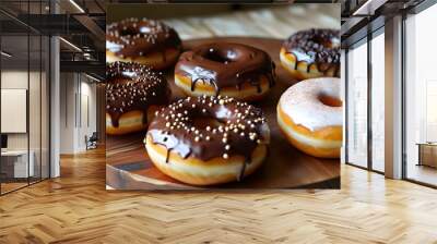 indulgent assortment of chocolate-covered donuts with rich toppings and vibrant sprinkles Wall mural