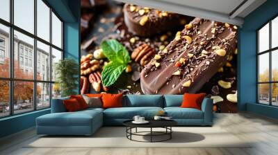 Indulgent Chocolate and Nut Popsicles on Ice with Chocolate Pieces and Nuts in a Tempting Display Wall mural